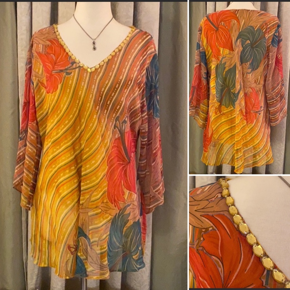 Signature Beaded Floral Tunic Top Sheer Sleeves